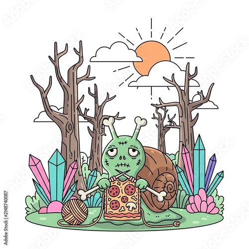 Zombie Snail Knitting Pizza Shirt in Spooky Forest.