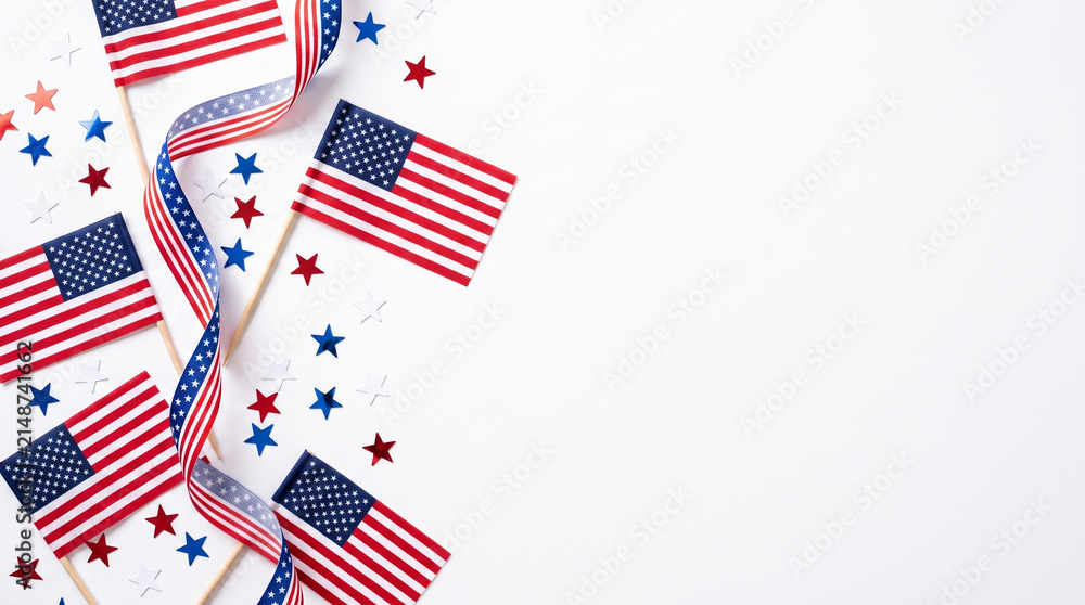 Obraz premium Small american flags with red blue and silver star confetti on a white background for patriotic holidays