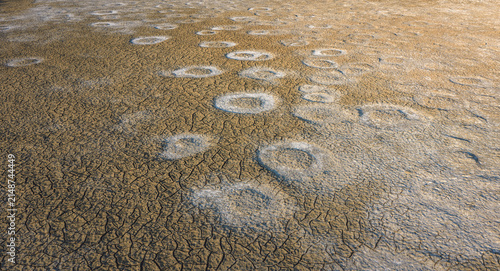 Aerial view of cracked dry earth with irregular white salt deposits forming an abstract textured pattern in France.