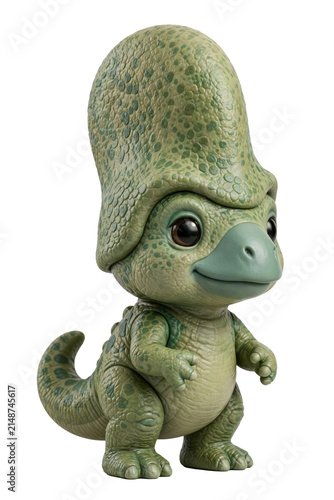Cute baby corythosaurus dinosaur toy figure with helmet crest, isolated on a transparent background