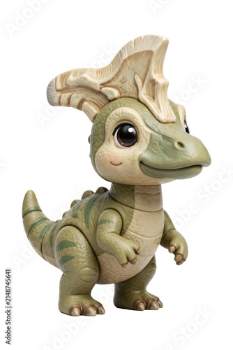 Cute baby lambeosaurus dinosaur toy figure with hollow crest, isolated on a transparent background