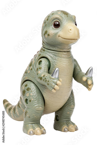 Cute baby iguanodon dinosaur toy figure with thumb spikes, isolated on a transparent background