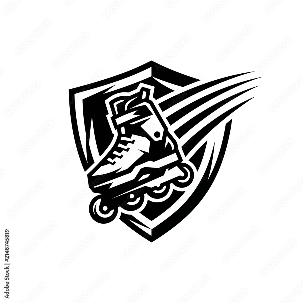 Fototapeta premium Dynamic roller skate emblem with speed lines against a shield