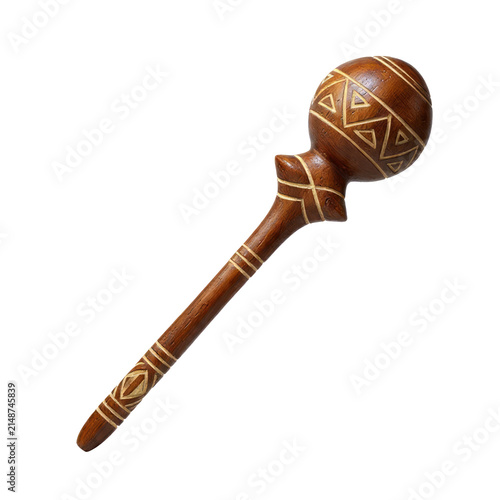 Handcrafted wooden maraca or rattle with tribal geometric carvings, isolated on a transparent background