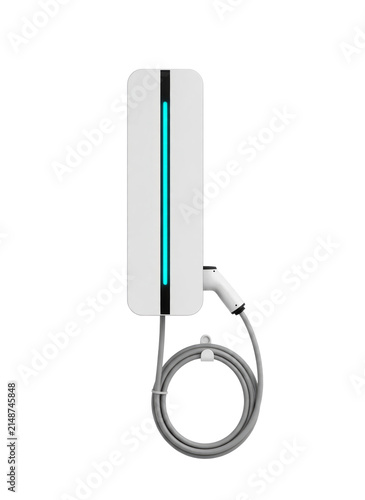 Electric vehicle EV charger wall box with cable and led light, isolated on a transparent background