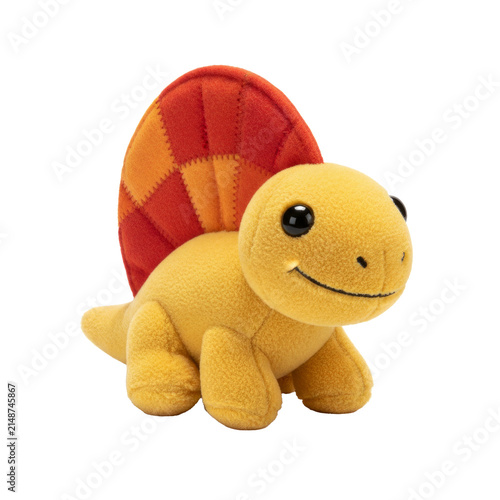 Cute yellow and orange dimetrodon stuffed toy or plushie animal, isolated on a transparent background