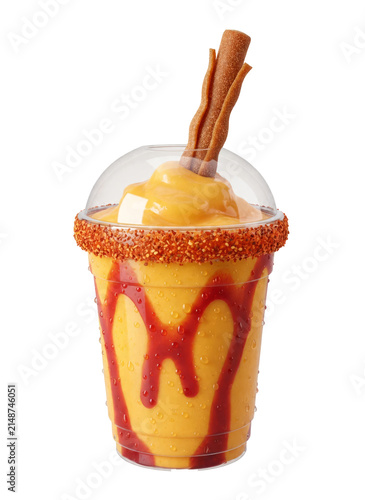 Mangonada mango smoothie drink with chamoy sauce and tamarind straw, isolated on a transparent background