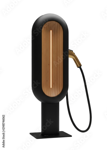 Modern black and wood texture electric vehicle EV charging station with warm glowing LED, isolated on a transparent background