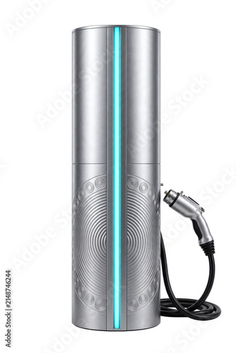 Modern cylindrical electric vehicle EV charging station with glowing LED and cable, isolated on a transparent background