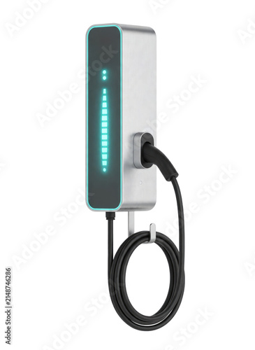 Modern electric vehicle EV charger wall box with glowing indicator and black cable, isolated on a transparent background