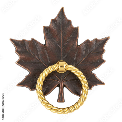 Vintage maple leaf door knocker with brass ring, isolated on a transparent background