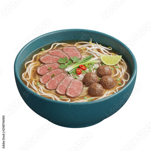 Bowl of delicious beef noodle soup with meatballs, isolated on a transparent background