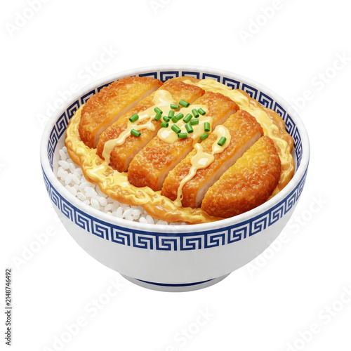 Bowl of Japanese katsudon pork cutlet rice bowl with egg, isolated on a transparent background