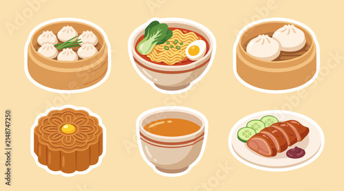 Vibrant asian food collection featuring traditional dumplings ramen mooncake soup and roasted meat served on stickers as flat vector graphic design