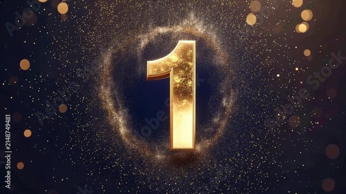 豪華な5秒カウントダウン・3Dアニメーション　黒背景に輝く金の数字と弾ける金粉・パーティクルのエフェクト