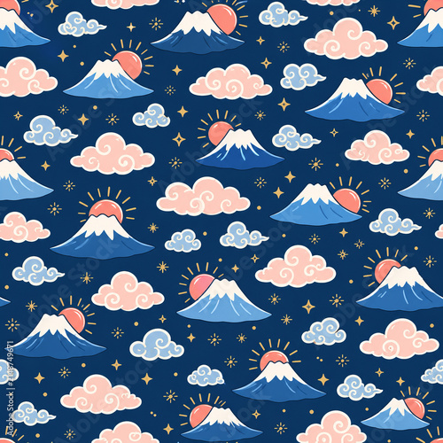 Cute Mount Fuji Sunrise and Clouds Seamless Japanese Pattern