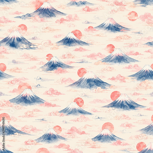 Cute Mount Fuji Sunrise and Clouds Seamless Japanese Pattern