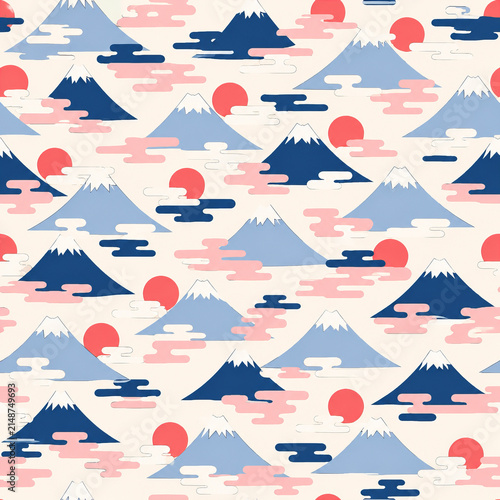 Cute Mount Fuji Sunrise and Clouds Seamless Japanese Pattern