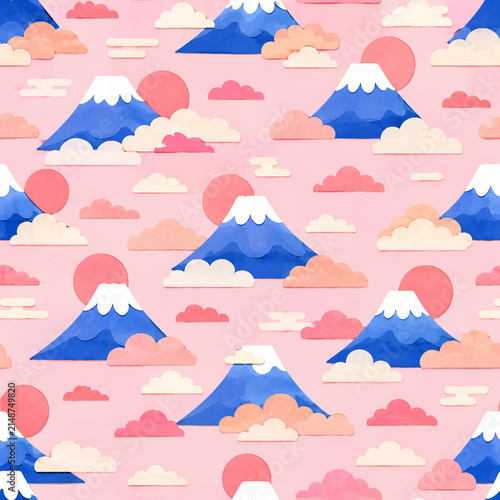 Cute Mount Fuji Sunrise and Clouds Seamless Japanese Pattern