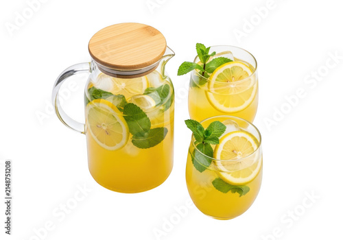 Glass pitcher and two glasses of lemonade with mint and ice isolated on transparent background