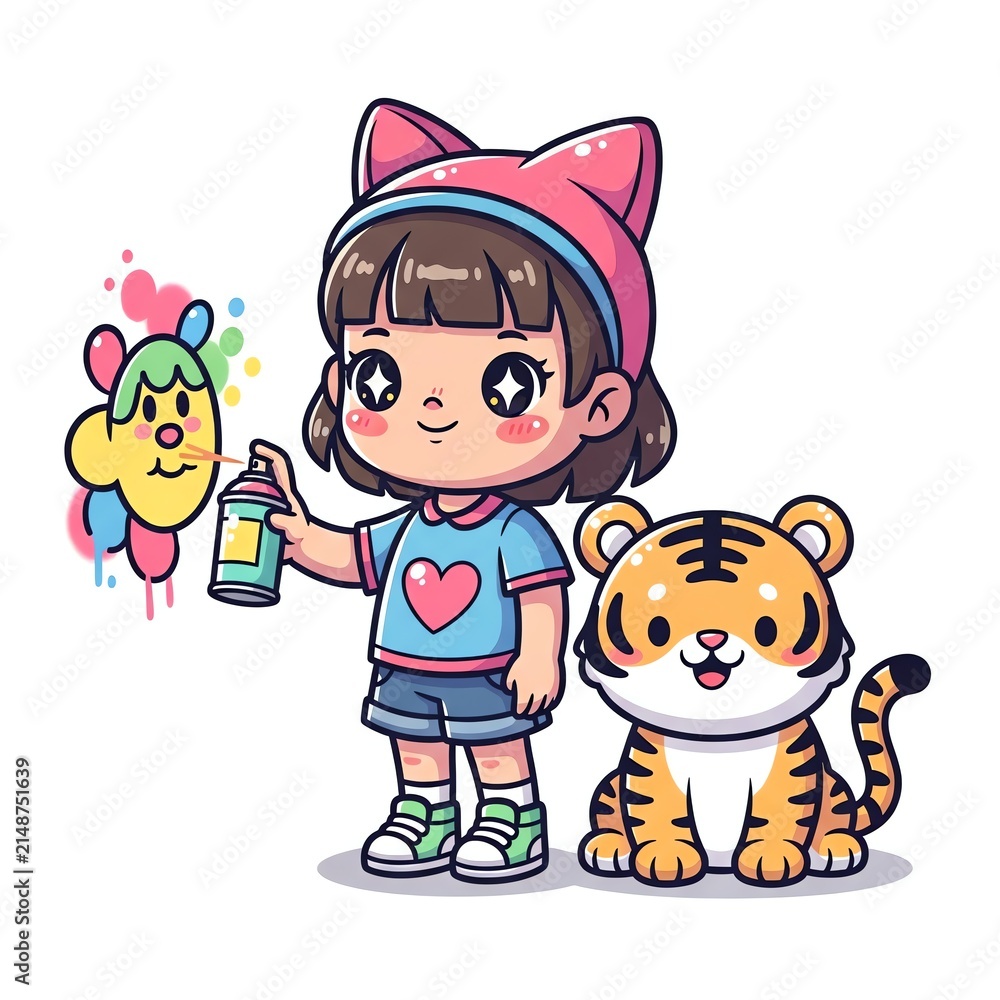 Naklejka premium Cute girl with cat ears hat and tiger cub doing graffiti.