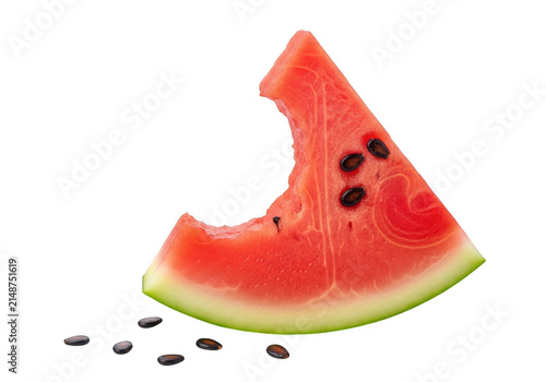 A slice of fresh watermelon with a bite taken out and scattered seeds isolated on transparent background