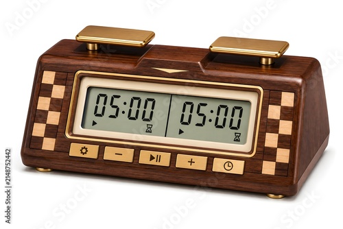 Luxury wooden digital chess clock with premium decorative design, isolated on white background for chess tournament, strategy game and timing concept

