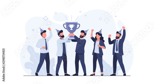 Diverse team celebrating victory, holding trophy and wearing party hats, vector illustration