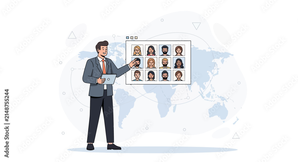 Obraz premium Man points to video conference grid of diverse people on world map background, illustrating global connection and teamwork.