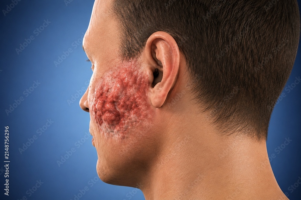 Naklejka premium 3D Illustration of Severe Facial Cellulitis and Bacterial Skin Infection on Male Cheek, Medical Dermatology Concept