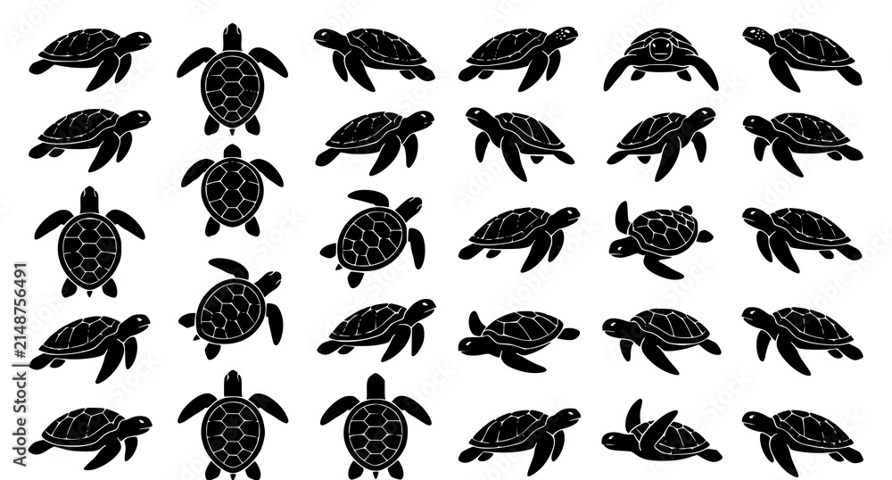 Fototapeta premium Marine Sea Turtle Silhouette Icon Pack Black Ocean Wildlife Vector Collection