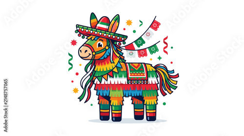 Foto Colorful festive donkey pinata illustration with sombrero and party confetti