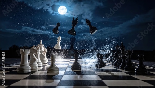 chess pieces on board with bats flying.