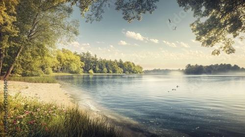 Tranquil lake scene with lush green trees lining the shore on a warm summer afternoon