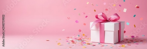 Pink background, white gift box, colorful confetti Perfect for shopping, celebrations , vibrant, box