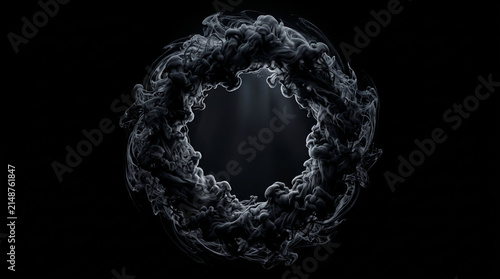 Dark smoke ring portal abstract background with swirling black clouds.