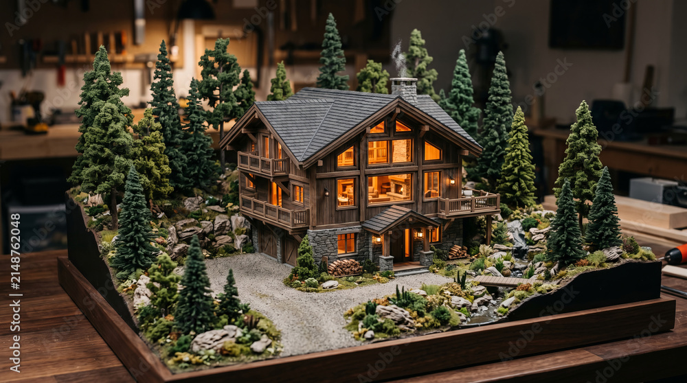 Fototapeta premium Detailed miniature model of a rustic wooden chalet with glowing lights in a pine forest.