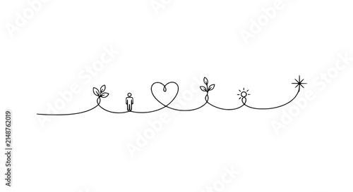 Growth Journey Line Art: Person, Heart, Plant, Sun, Star Isolated