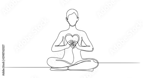 Meditating Person Holding Heart Shape, One Line Drawing, Yoga Pose