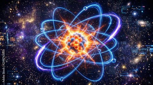 Stylized glowing atom with fiery nucleus and blue orbital paths against dark background.