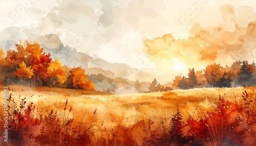 Autumn watercolor landscape background. Fall season art with golden forest and warm light.