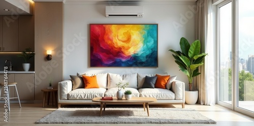 Modern living room, stylish sofa, air conditioner above window, artwork , cushions, style, grey