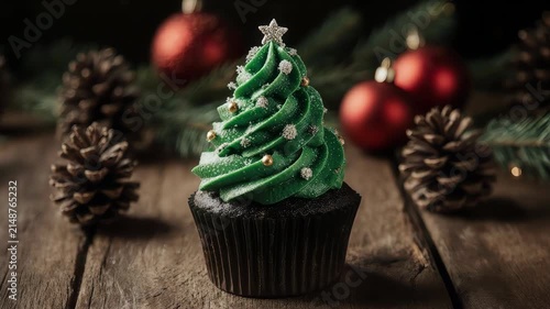 Close-up Christmas tree cupcake on rustic wooden surface, green frosting swirl with tiny sugar decorations, pinecones and red ornaments 