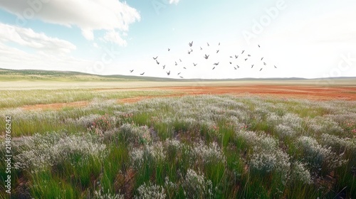 Vast green and orange flowering fields stretch towards rolling hills under a cloudy blue sky with birds flying