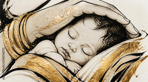 Mother Protects Sleeping Baby with Golden Touch Expressive Ink Art