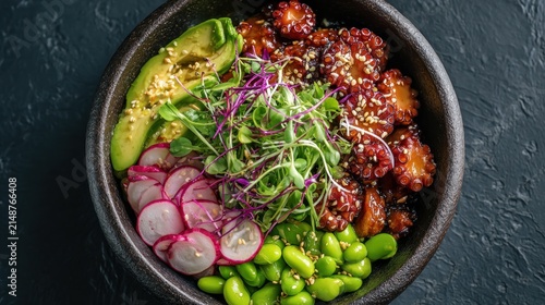 Close up of a colorful healthy food bowl with various fresh ingredients