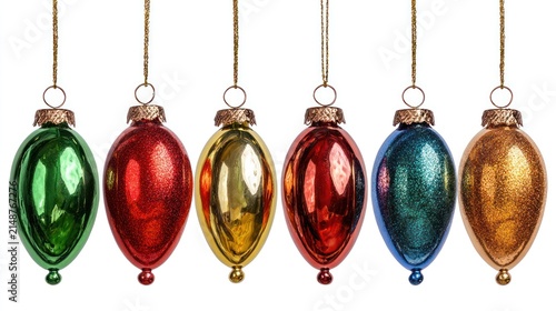 Colorful christmas ornaments hanging against a white background