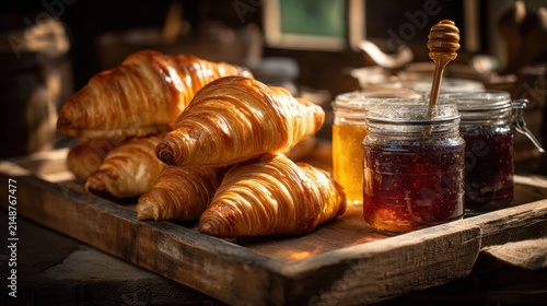 Freshly baked croissants with honey and jam served on a wooden tray