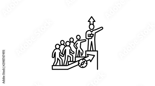 Team following leader up stairs with directional arrow and compass symbol