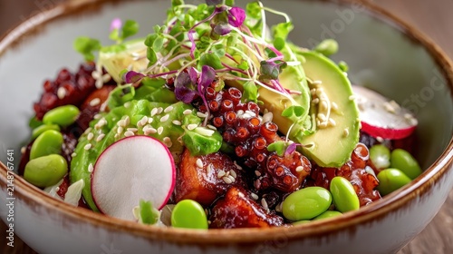 Delicious seafood salad bowl with avocado radish and greens in close up